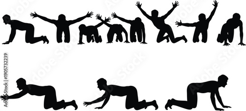 WebCollection of Athletic Man Silhouettes Performing Dynamic Animal Flow Movements Floor Exercises Bodyweight Training and Stretching Poses for Fitness Wellness Health 