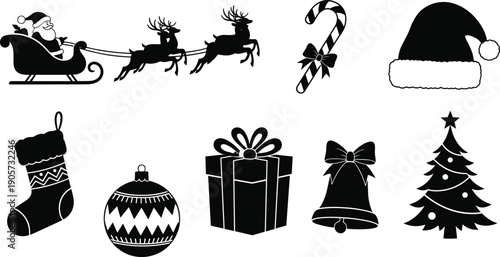 WebSet of black and white Christmas holiday silhouettes featuring Santa Claus in a sleigh with reindeer ornaments gift box and a festive tree