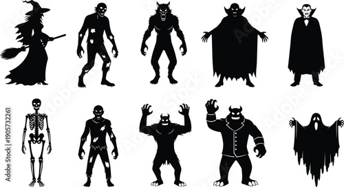 WebSet of black horror character silhouettes featuring creepy monsters like vampire witch werewolf zombie ghost and skeleton isolated on white background for Halloween design
