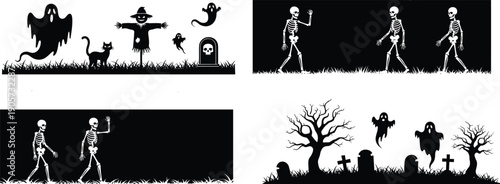 WebCollection of Halloween Silhouette Banners Featuring Spooky Ghosts, Walking Skeletons, Scarecrow, Black Cat, Graveyard Tombstones, and Creepy Trees for Festive Holiday Vector Design Graphics