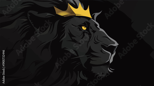 Detailed lion face silhouette with crown, bold vector graphic of majestic lion head emblem