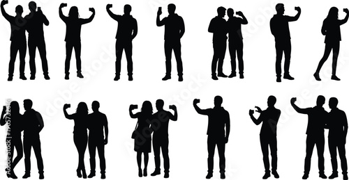 WebSet of black silhouettes featuring diverse young people and couples taking selfies and posing with mobile smartphones isolated on white background for creative design projects