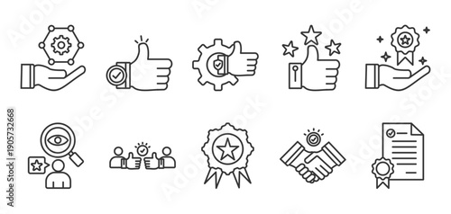 Credibility con set collection in outline style. Icon pack contain Integrity, trust, reliable, authentic, commitment, regard, reputation, approved, rating, certificate, 