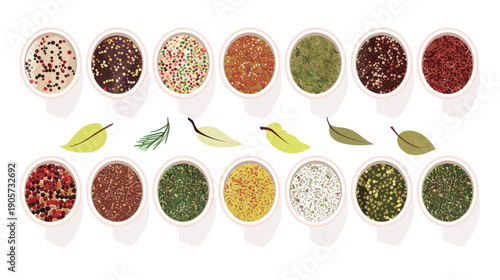 Different seasonings in cups, spice background on the table, top view culinary ingredients photography