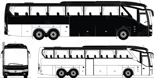 WebModern Luxury Tour Bus Silhouette Set Featuring Side and Front Views for Travel Transportation Tourism Industry Road Trip and Public Passenger Shuttle Service Concept