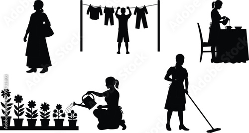 WebSet of black silhouettes featuring women performing various domestic household chores like watering plants hanging laundry mopping and serving food isolated on white background