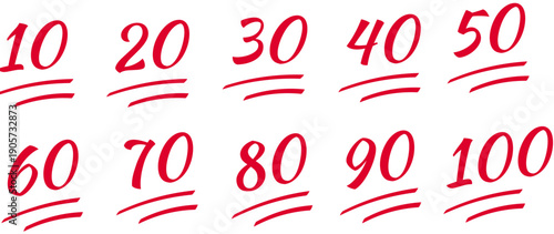 赤ペンで手書きした点数評価用の数字アイコンセット、10点から100点までのスコア表示や採点、レビューや比較、資料やWebデザインで使える手描き風イラスト素材