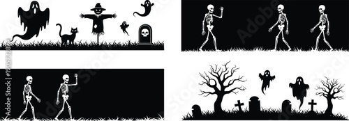 WebCollection of Spooky Halloween Silhouette Banners Featuring Ghosts, Skeletons, Scarecrow, Black Cat, Graveyard Tombstones, Creepy Bare Trees, and Rising Zombie Hands for Horror Vector Graphics