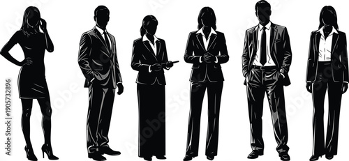 WebProfessional Business People Silhouettes Set Featuring Corporate Men and Women in Formal Suits Posing for Office Teamwork Leadership and Successful Career Management Presentation Concepts