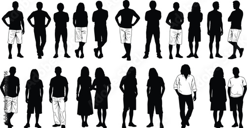 WebLarge collection of black vector silhouettes featuring diverse group of men and women standing in casual outfits for community social identity and fashion illustration projects.
