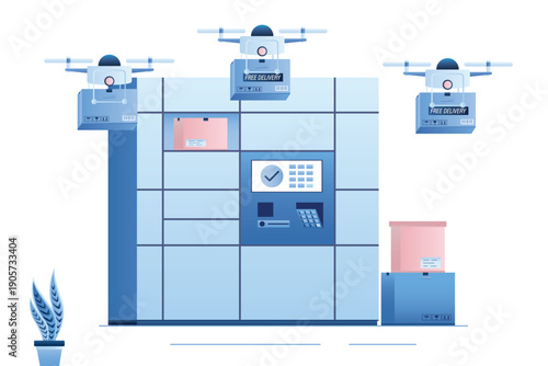 Flying drones carry boxes and parcels at automated self-service post terminal with lockers. Modern logistics and autonomous shipping technology. Fast and free delivery.