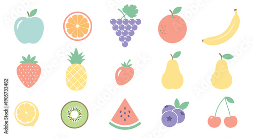 Colorful Cartoon Fruits and Berries Illustration.