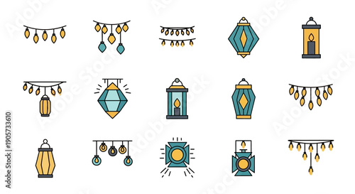 Colorful Ramadan Lanterns and Decorations Set.