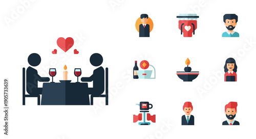 Couple Dining with Wine and Love Icons.