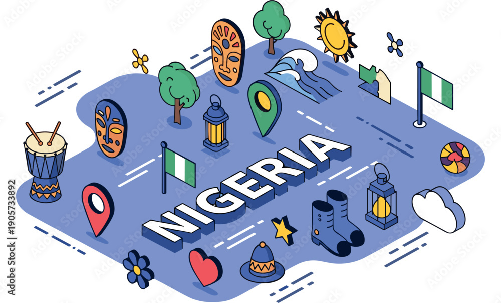 Fototapeta premium Nigeria culture symbols: mask, drum, lantern, location icon, and nature elements