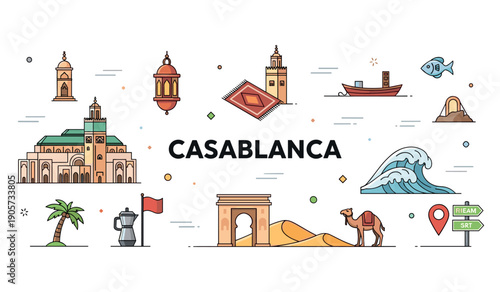 Casablanca landmarks and icons: mosque, tower, camel, rug, palm, ocean, fish, boat, coffee pot, arch