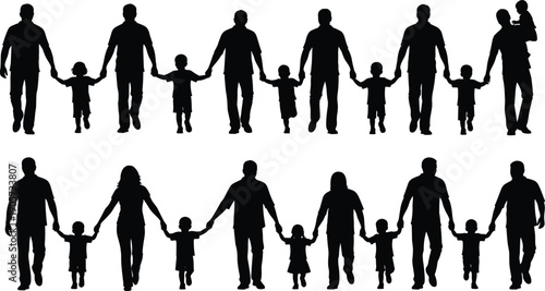 WebVector illustration of family silhouettes in black artistic design, showcasing diverse parents and children holding hands in different groupings, concept for parenting, unity, demographics