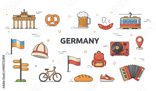 Germany icons: bratwurst, beer, brandenburg, flag, music, travel