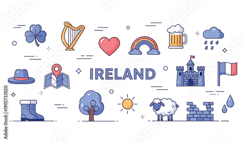 Symbols of ireland: harp, shamrock, sheep, and castle illustrations
