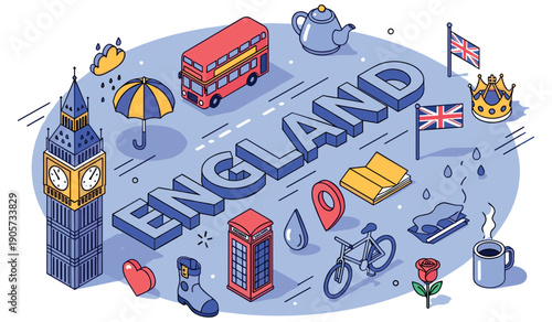 England icons: big ben, red bus, tea, umbrella, bicycle, crown, and flag in illustrative style