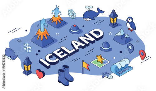 Iceland icon set with volcanoes, whale, puffin, and icebergs