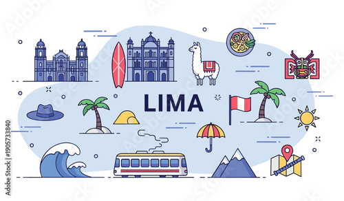 Lima landmarks: cathedral, llama, surfboard, and local cuisine icons