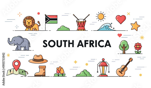 Colorful icons representing south africa's culture and nature