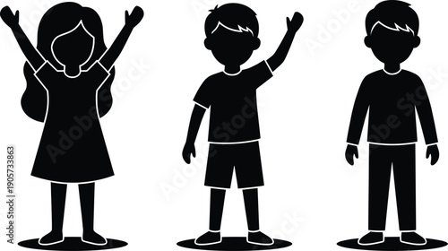 WebVector illustration of children silhouettes in black artistic design, showcasing boys and girls in different postures and clothing styles, concept for childhood, diversity