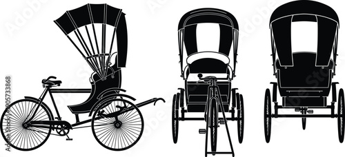 WebTraditional cycle rickshaw transport silhouette set featuring side front and back views for Asian urban transportation culture heritage and vintage travel vector illustration design.