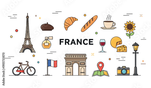 Iconic french symbols: eiffel tower, croissant, cheese, wine, arc de triomphe