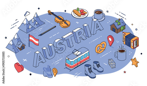 Austria symbols vector: mountains, music, food, and culture illustrations