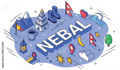 Nepal travel icons: mountains, flags, landmarks, and nature elements