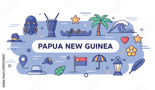 Papua new guinea culture icons with canoe, palm trees, mask, and flag