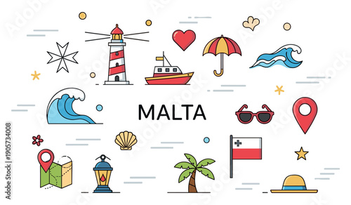 Colorful malta icons: lighthouse, waves, boat, and more