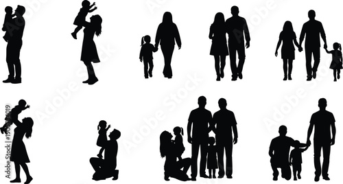 WebVector illustration of family silhouettes in black artistic design, showcasing parents and children in affectionate poses, concept for parenting, bonding, unity, demographics