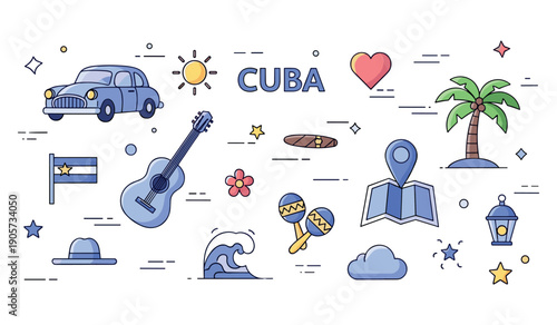 Colorful cuban icons: car, guitar, palm tree, flag, and more in vibrant design