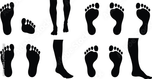 WebVector illustration of human feet and legs silhouettes in black artistic design, showcasing diverse postures and angles, concept for anatomy, podiatry, lifestyle, medical