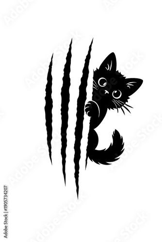 Playful black kitten peeking through torn surface with sharp claw marks and curious yellow eyes