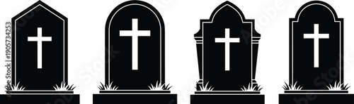 WebVector illustration of tombstone silhouettes in black artistic design, showcasing Christian crosses on gravestones, concept for cemetery, memorial, religion, spirituality