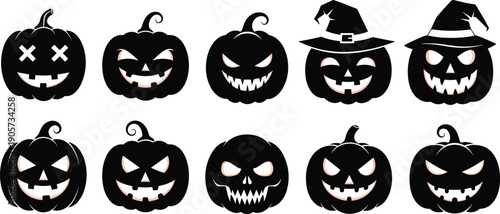 WebVector illustration of Halloween pumpkin silhouettes in black design, showcasing jack-o’-lantern faces with witch hats and scary expressions, spooky concept for holiday, decoration