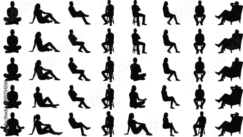 Vector illustration of people silhouettes in black artistic design, showcasing diverse seated postures including cross-legged, reclining, upright and relaxed, concept for ergonomics, lifestyle
