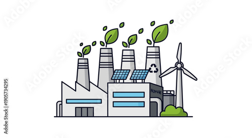 Line drawing of an industrial factory with solar panels and wind turbine emitting green leaves against a white background.