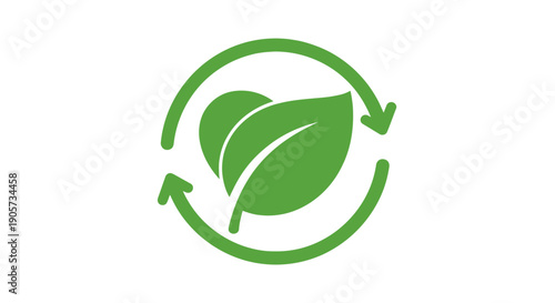 A green leaf encircled by curved arrows forms an eco-friendly recycling symbol on a white background.