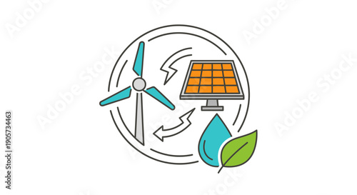 Flat design illustration of a solar panel, wind turbine, water droplet and leaf in a circular composition with arrows, conveying eco-friendly energy.
