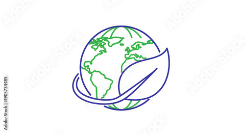 A simple line drawing of a globe wrapped with a leaf on a white background, symbolizing environmental conservation.