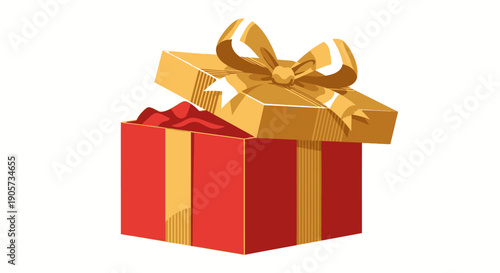 Vibrant Red Gift Box Opening with Shiny Golden Ribbon and Lid, Revealing a Surprise Inside