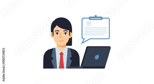 Professional completing online application or survey form using laptop, flat vector illustration of digital business process