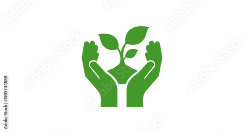 Green icon of two hands cradling a plant with leaves on a white background, conveying eco-friendly and sustainable concepts.