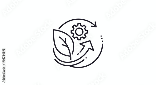 Line drawing of a gear and leaf in a circular arrow on a white background.