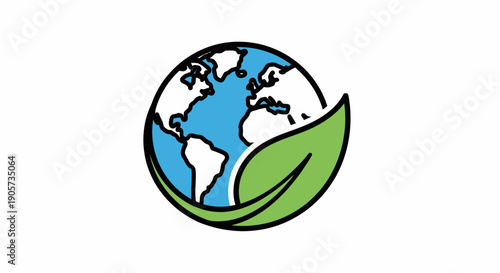 Illustration of a stylized Earth with a green leaf against a plain white background, symbolizing eco-friendliness and environmental conservation.